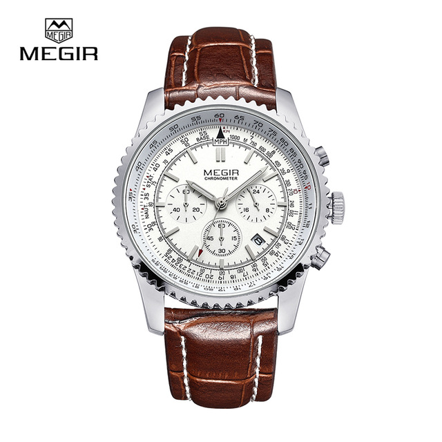 Мужские наручные Часы Megir Aviator Chronometer (серебристый корпус, белый циферблат, коричневый ремешок) - купить в СПБ