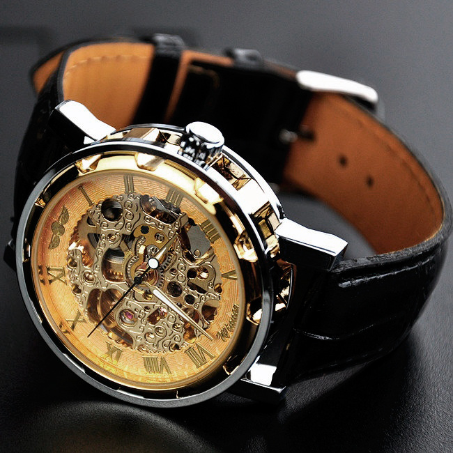 Часы Skeleton Winner (Виннер) серебряный корпус, золотой циферблат - купить в СПБ