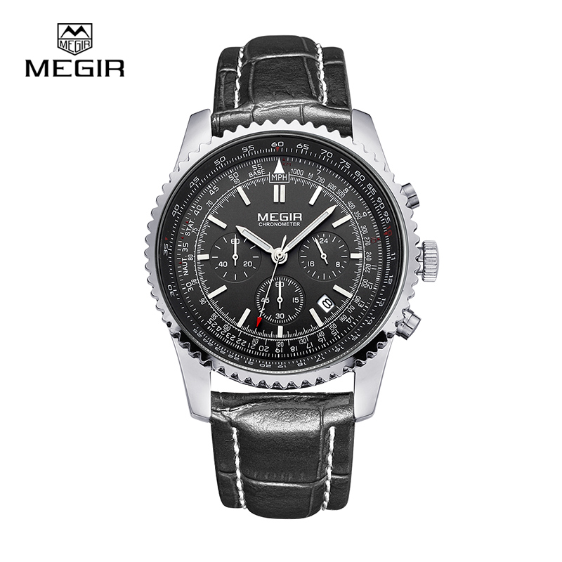Часы Megir Aviator Chronometer (серебристый корпус, черный циферблат, черный ремешок) - купить в СПБ