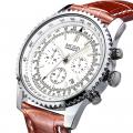 Мужские наручные Часы Megir Aviator Chronometer (серебристый корпус, белый циферблат, коричневый ремешок) - купить в СПБ
